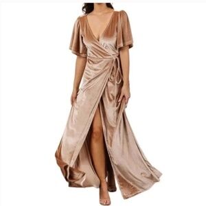 Baltic Born Champagne Velvet Wrap Maxi Dress Small Short Sleeve